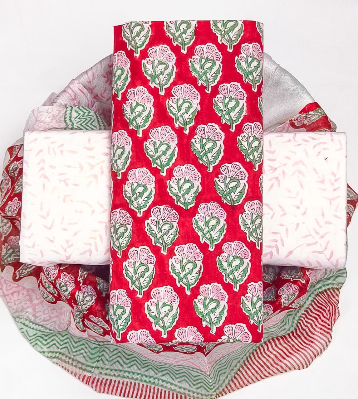 Pure Cotton Hand Block Printed Suit Set With Chiffon Dupatta