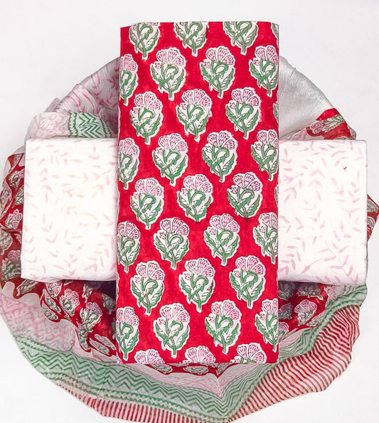 Pure Cotton Hand Block Printed Suit Set With Chiffon Dupatta