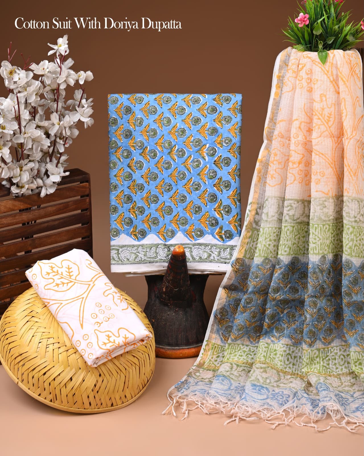 Pure Cotton Hand Block Printed Suit Set With Kota Doria Dupatta