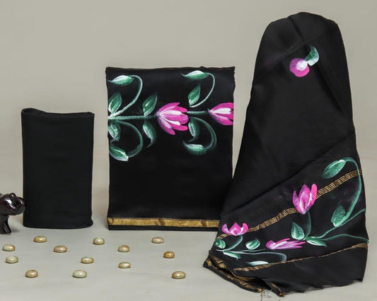 Designer Handblock Printed Chanderi Silk Suit Set