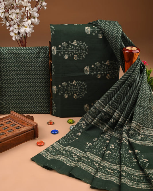 Designer Hand Block Printed Cotton Suit Set With Cotton Dupatta