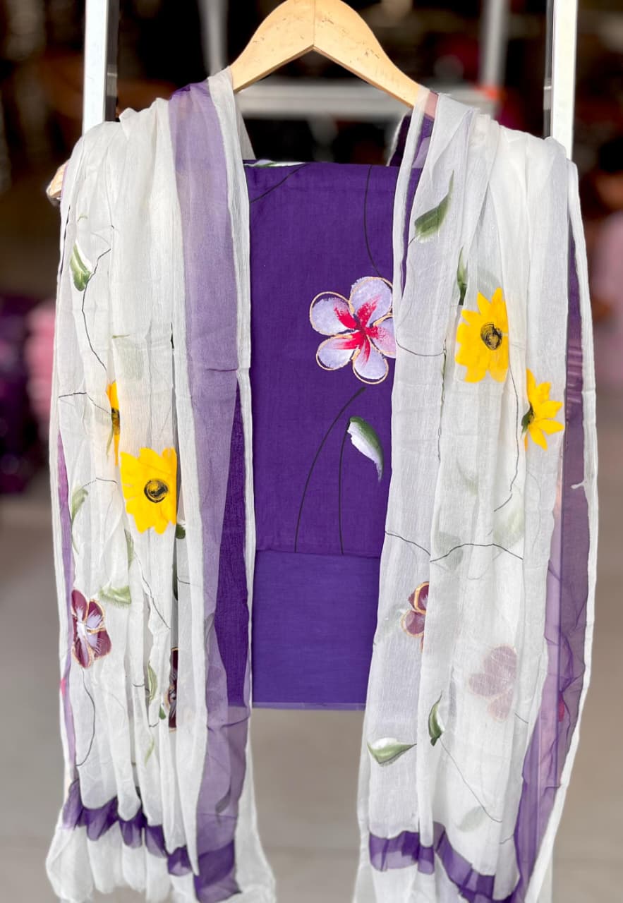 Pure Cotton Hand Block Printed Suit Set With Chiffon Dupatta