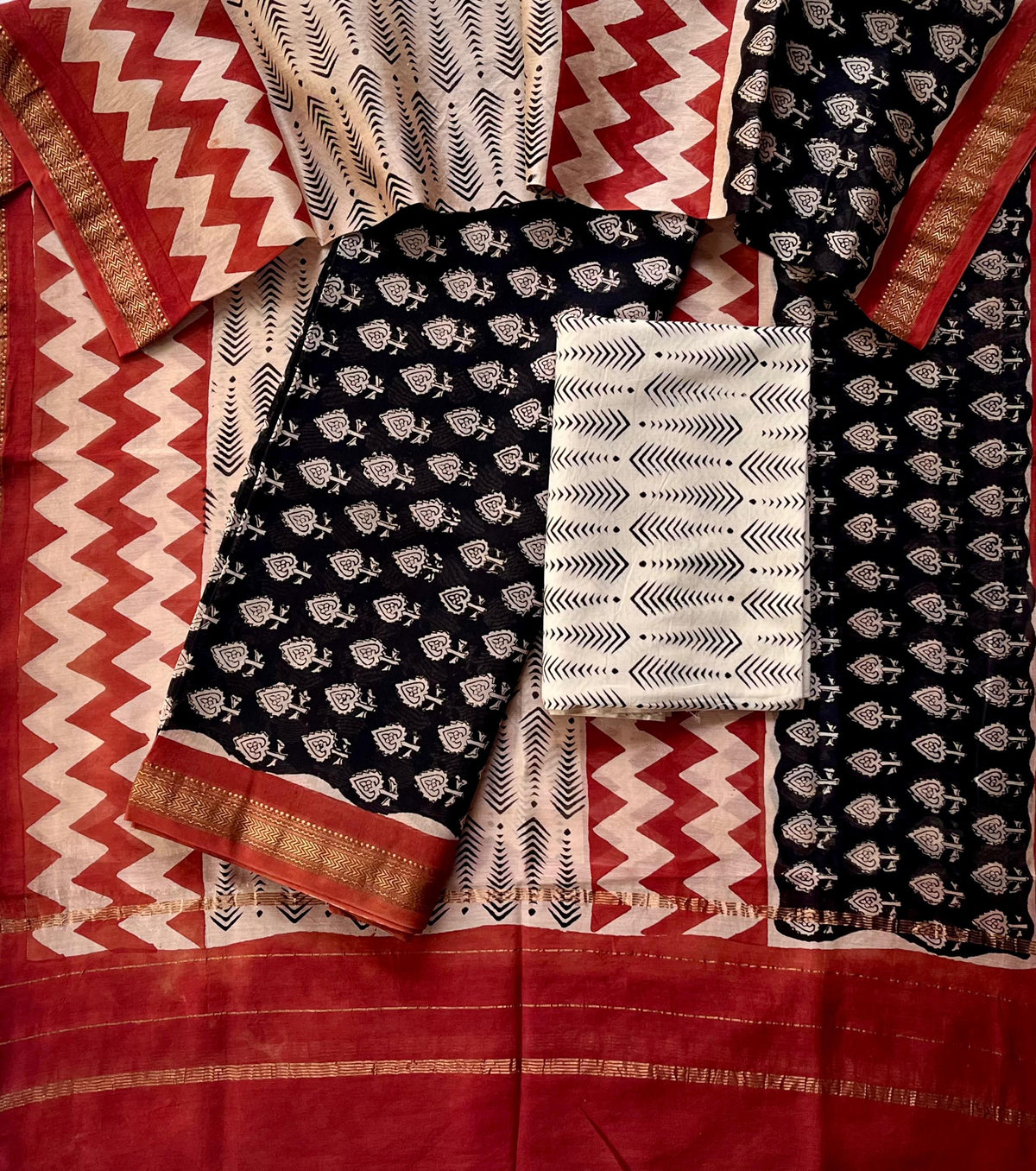 Premium Designer Handblock Printed Maheshwari Silk Suit Set
