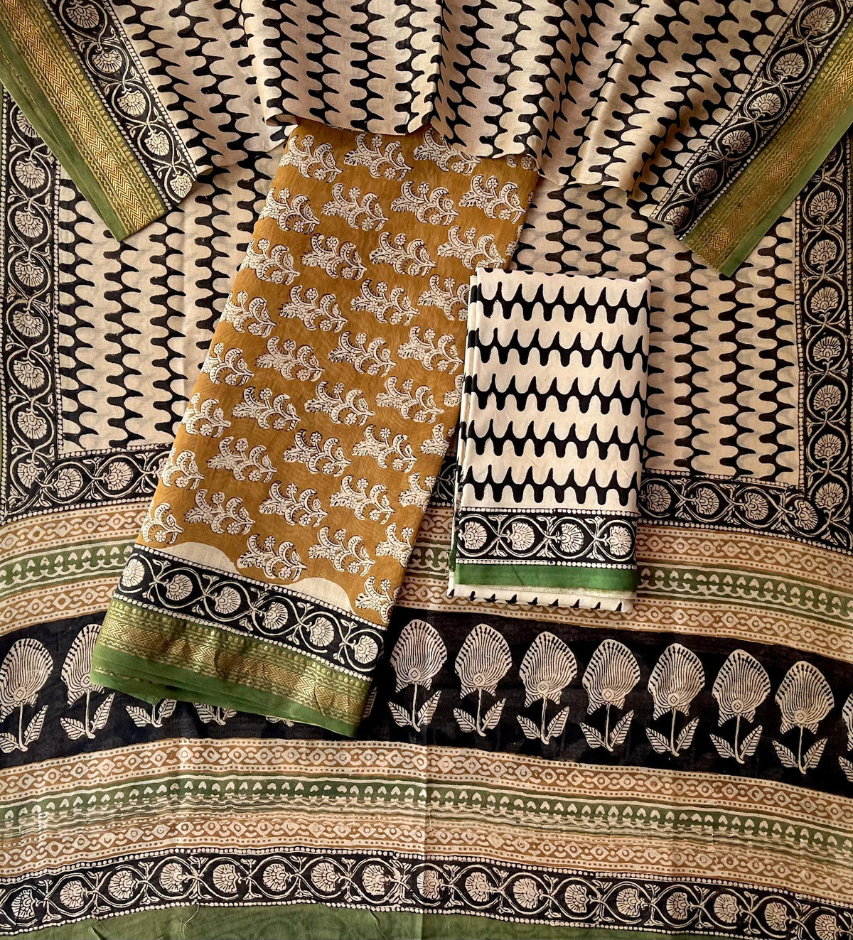 Premium Designer Handblock Printed Maheshwari Silk Suit Set