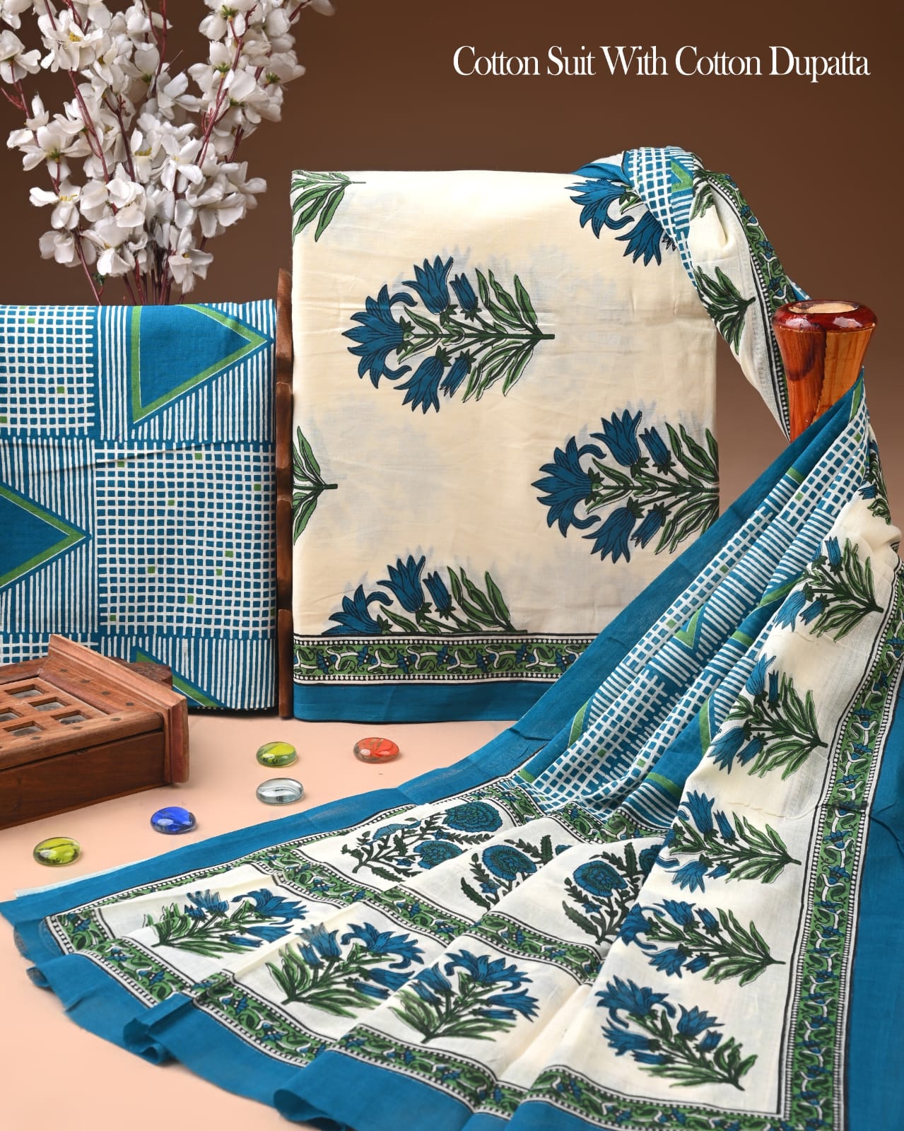Pure Soft Cotton Hand Block Printed Suit Set With Cotton Dupatta
