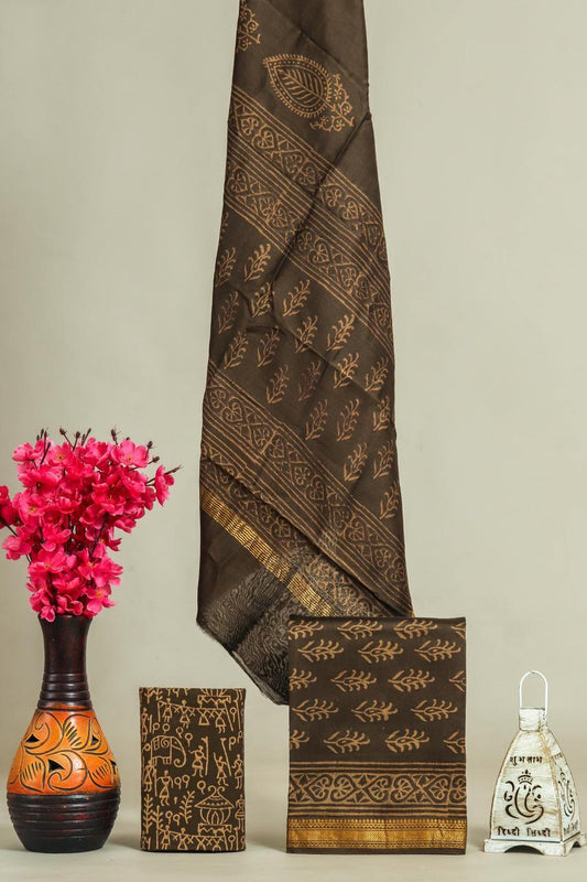 Designer Handblock Printed Maheshwari Silk Suit Set