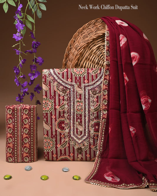 Premium Gota Patti Work Cotton Suit Set With Chiffon Dupatta