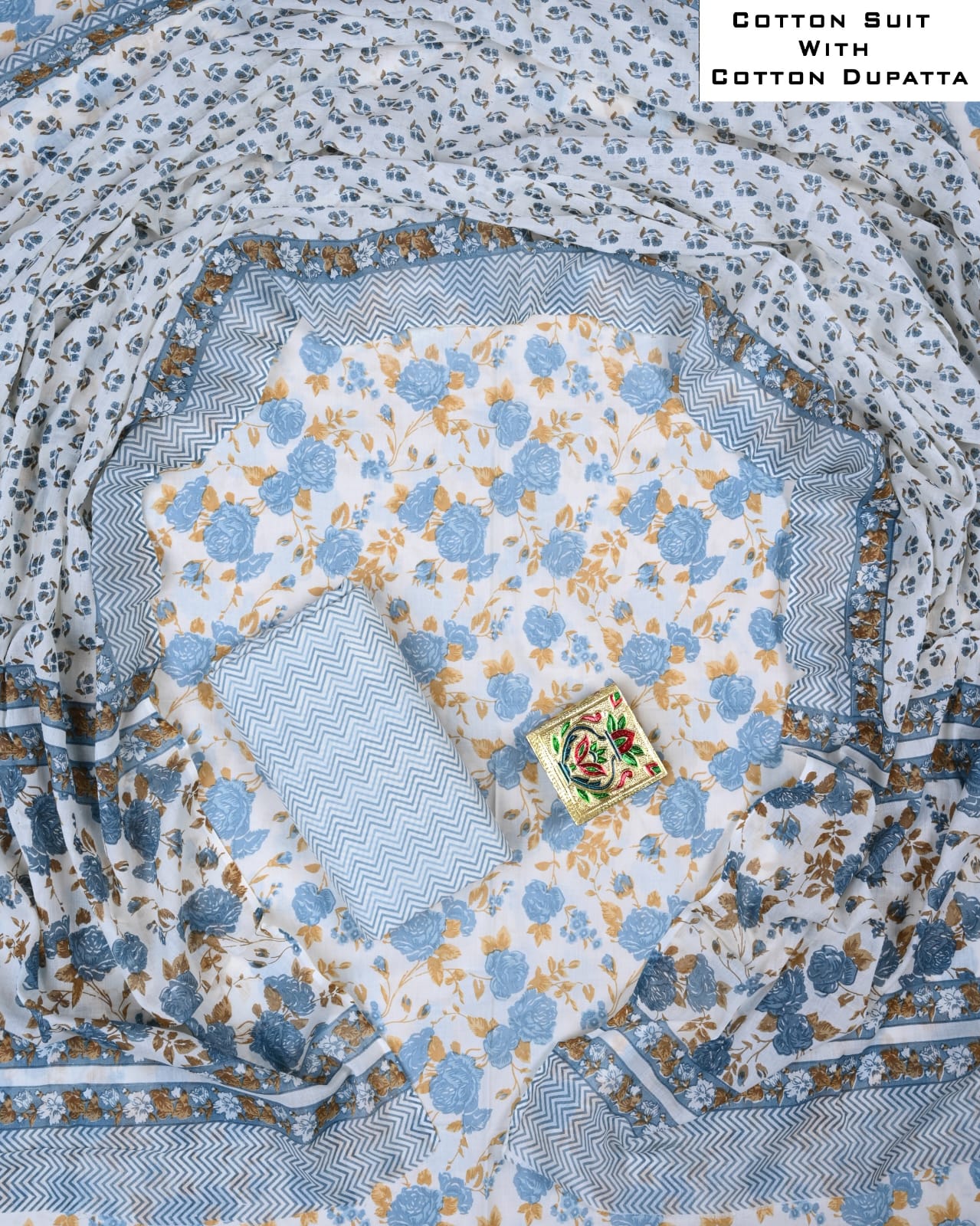 Designer Hand Block Printed Cotton Suit Set With Cotton Dupatta