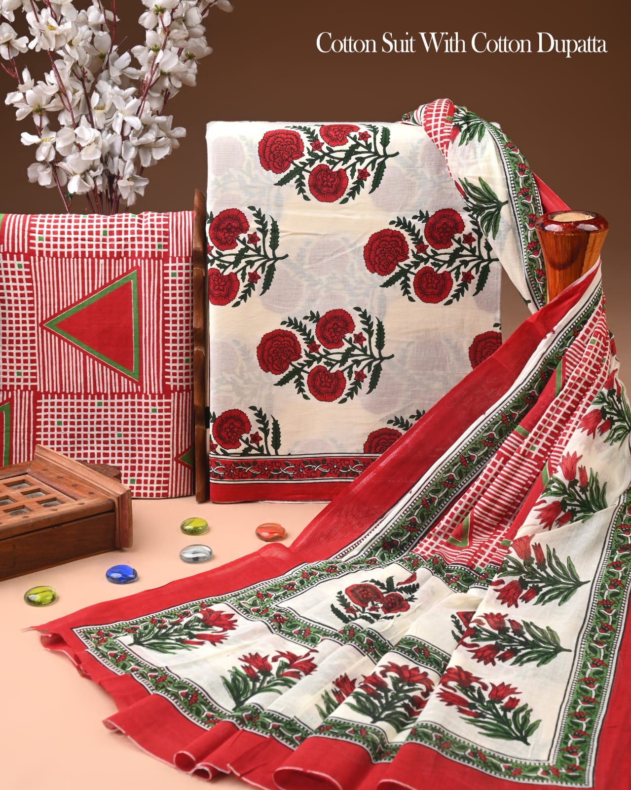 Pure Soft Cotton Hand Block Printed Suit Set With Cotton Dupatta
