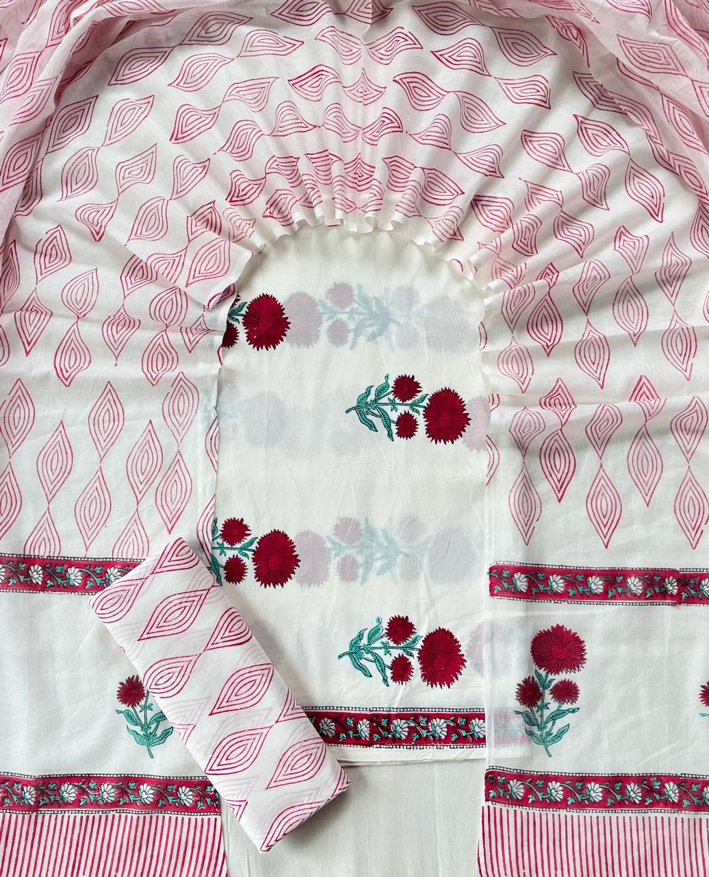 Pure Soft Cotton Hand Block Printed Suit Set With Cotton Dupatta