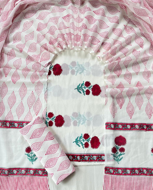 Pure Soft Cotton Hand Block Printed Suit Set With Cotton Dupatta