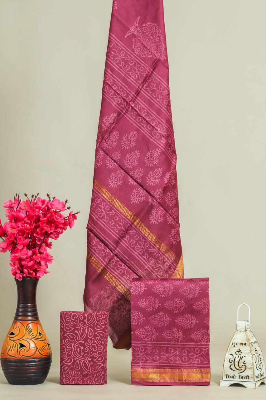 Designer Handblock Printed Maheshwari Silk Suit Set