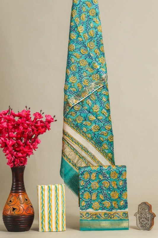 Designer Handblock Printed Maheshwari Silk Suit Set