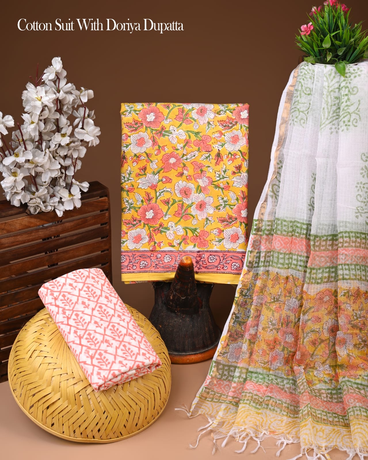 Pure Cotton Hand Block Printed Suit Set With Kota Doria Dupatta