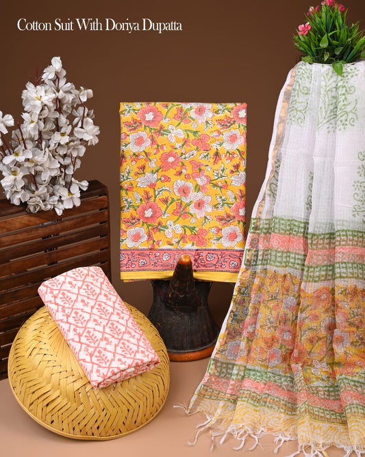 Pure Cotton Hand Block Printed Suit Set With Kota Doria Dupatta