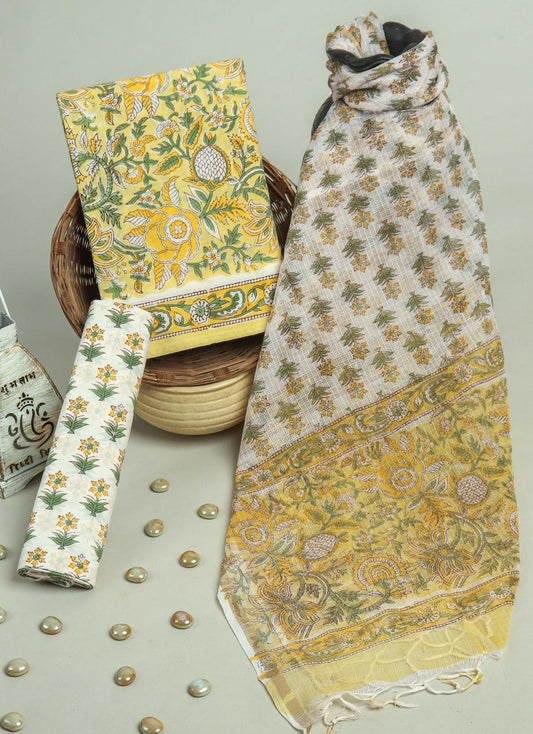 Pure Cotton Hand Block Printed Suit Set With Kota Doria Dupatta
