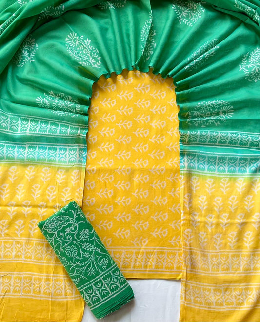 Pure Soft Cotton Hand Block Printed Suit Set With Cotton Dupatta