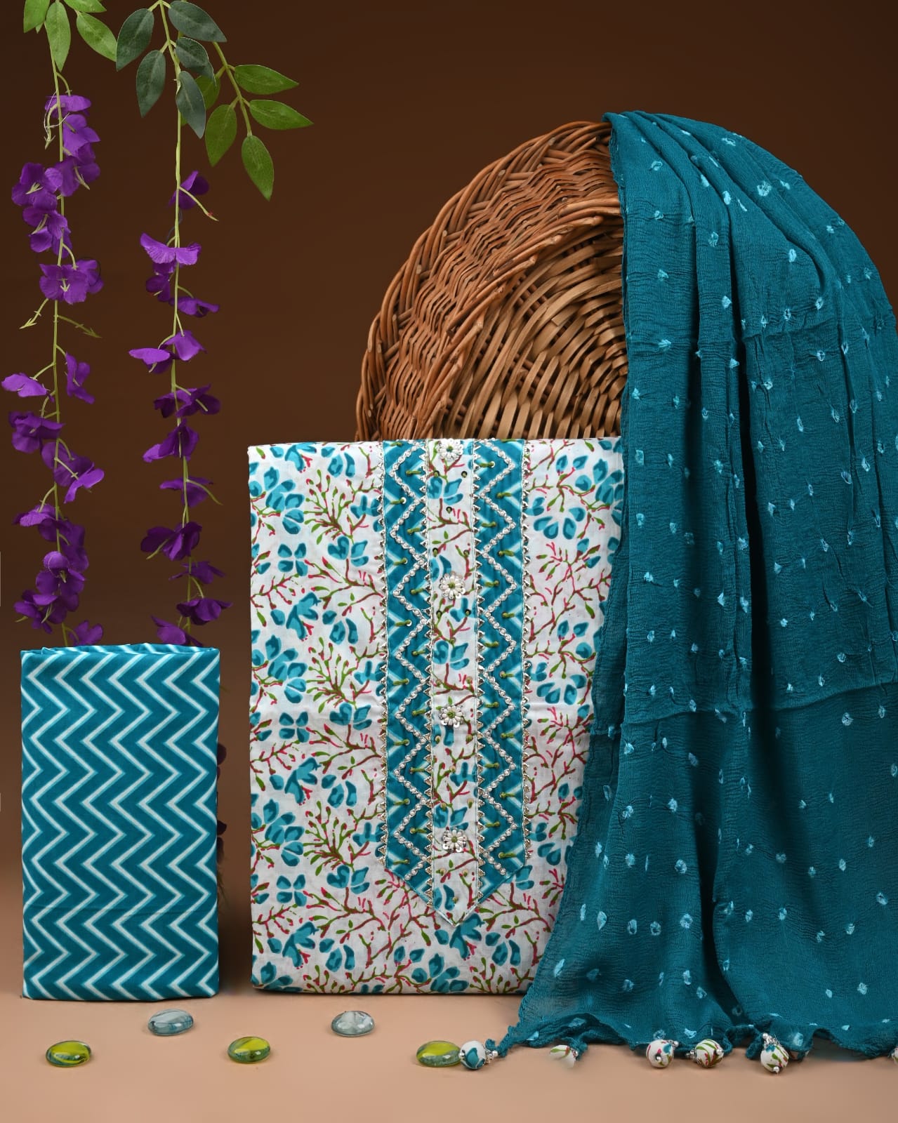 Premium Gota Patti Work Cotton Suit Set With Chiffon Dupatta