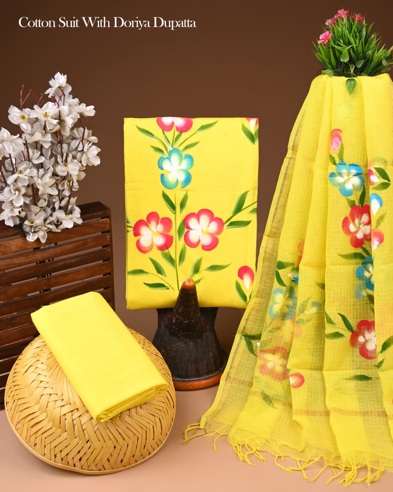 Pure Cotton Hand Block Printed Suit Set With Kota Doria Dupatta