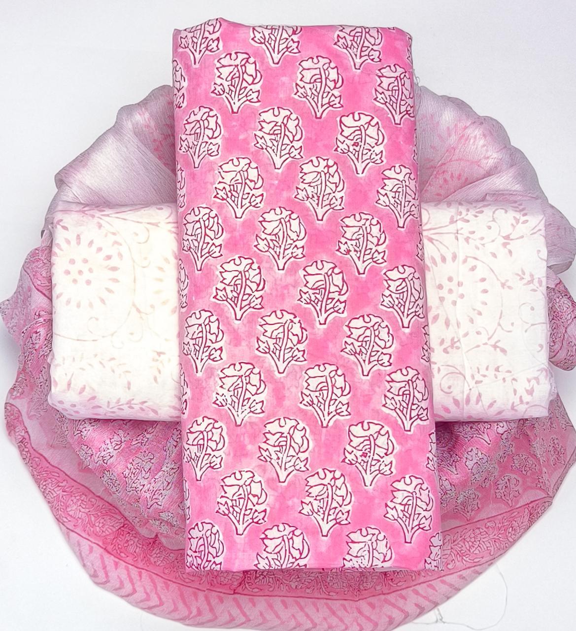 Pure Cotton Hand Block Printed Suit Set With Chiffon Dupatta