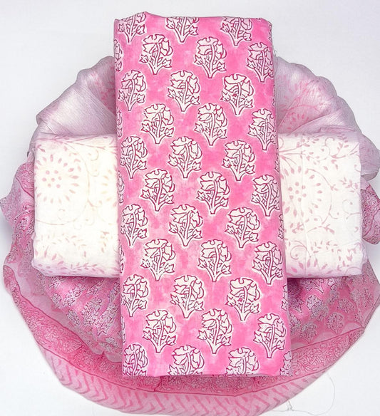 Pure Cotton Hand Block Printed Suit Set With Chiffon Dupatta