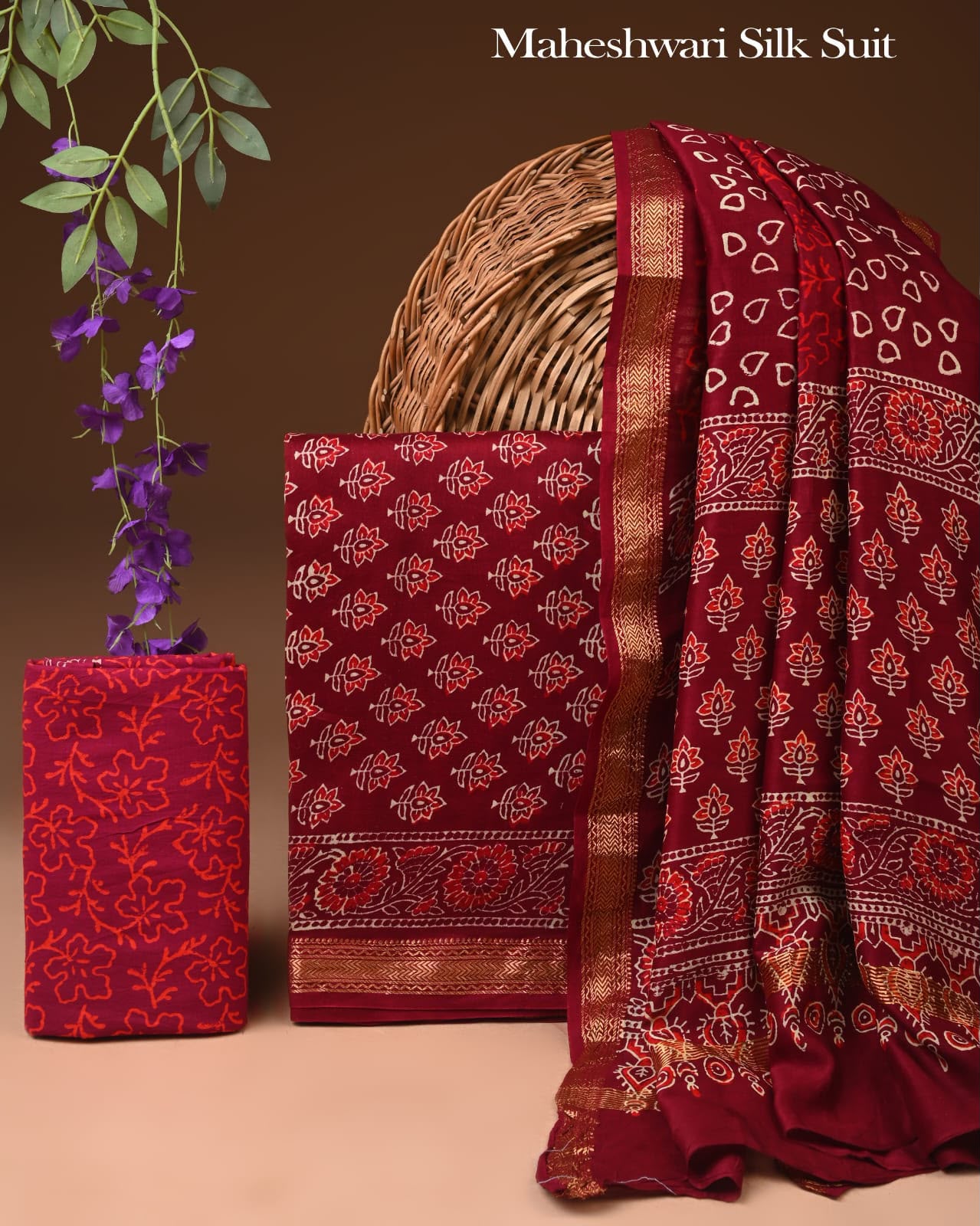 Premium Designer Handblock Printed Maheshwari Silk Suit Set