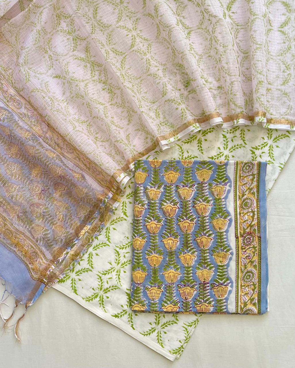 Pure Cotton Hand Block Printed Suit Set With Kota Doria Dupatta