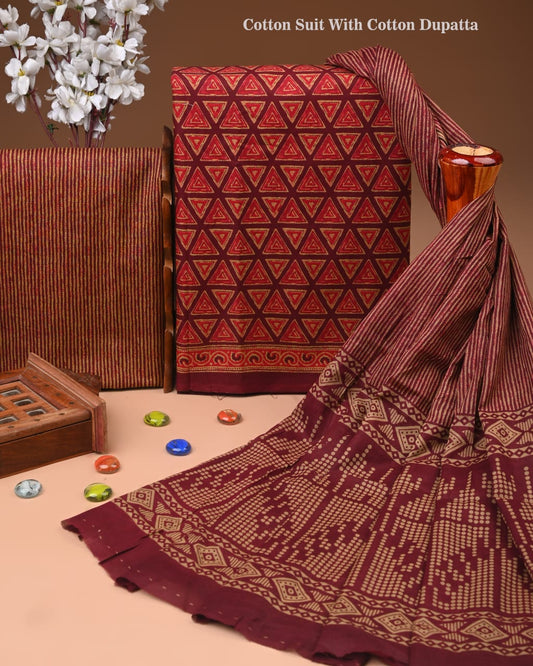 Designer Hand Block Printed Cotton Suit Set With Cotton Dupatta