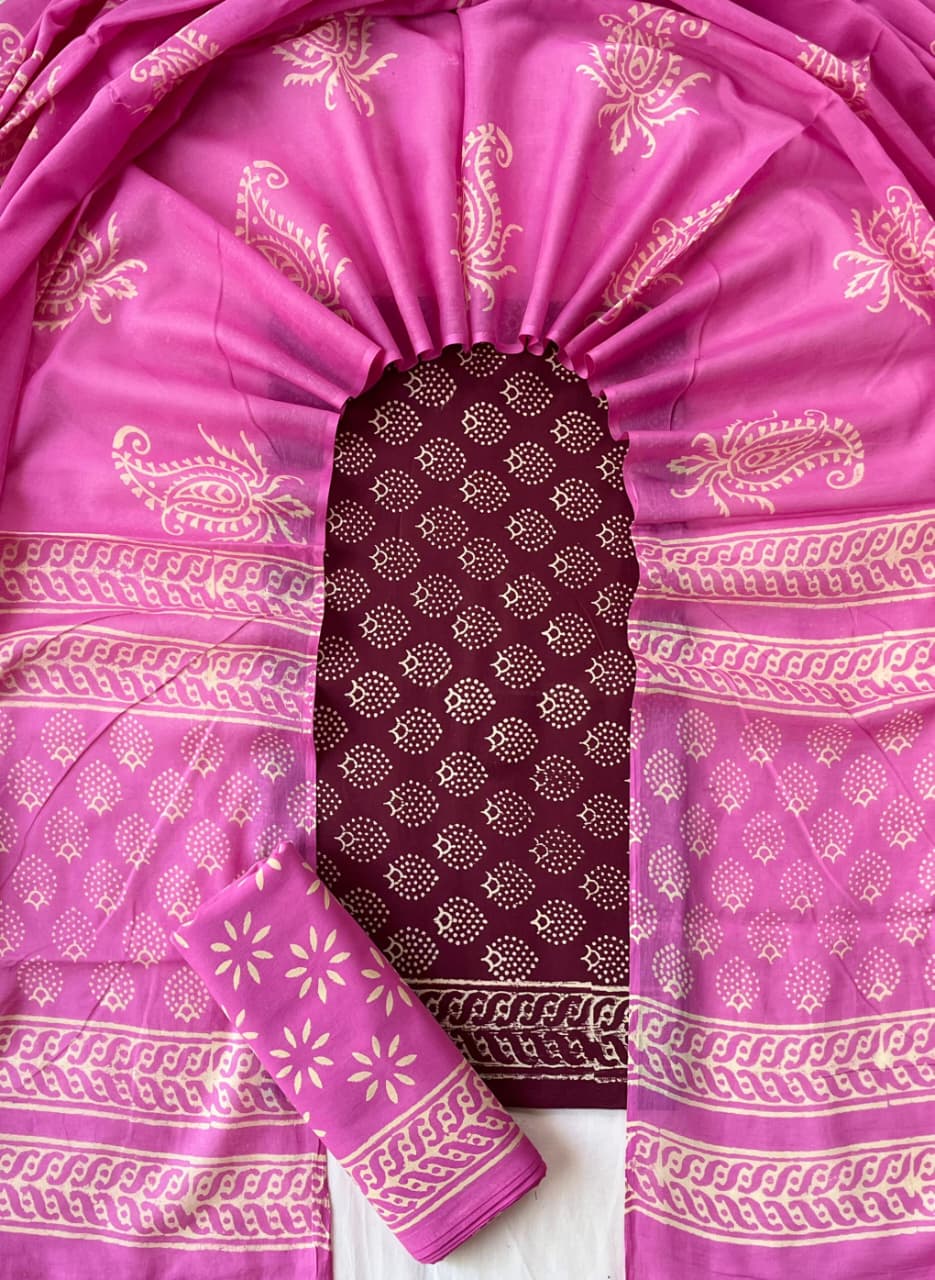 Pure Soft Cotton Hand Block Printed Suit Set With Cotton Dupatta