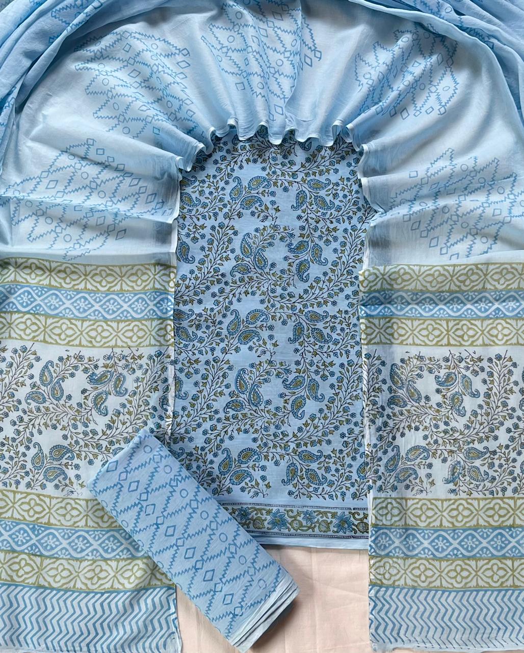 Pure Soft Cotton Hand Block Printed Suit Set With Cotton Dupatta
