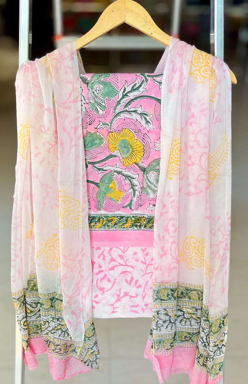 Pure Cotton Hand Block Printed Suit Set With Chiffon Dupatta