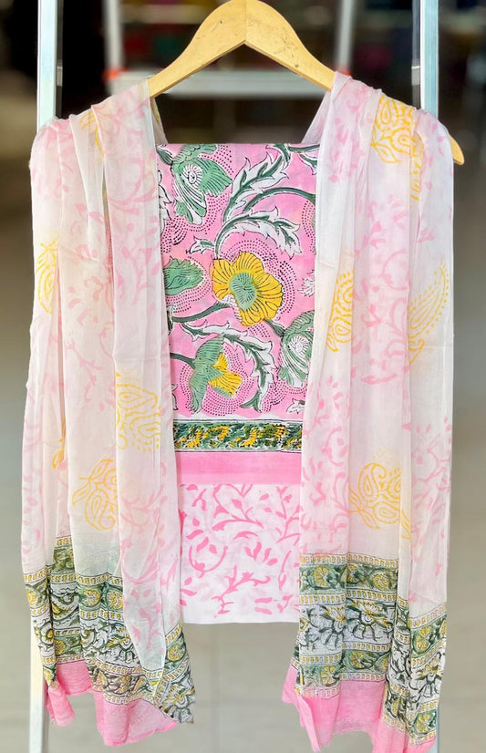 Pure Cotton Hand Block Printed Suit Set With Chiffon Dupatta