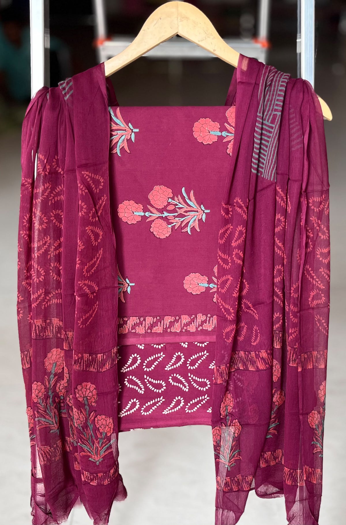 Pure Cotton Hand Block Printed Suit Set With Chiffon Dupatta