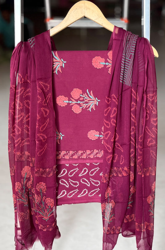 Pure Cotton Hand Block Printed Suit Set With Chiffon Dupatta