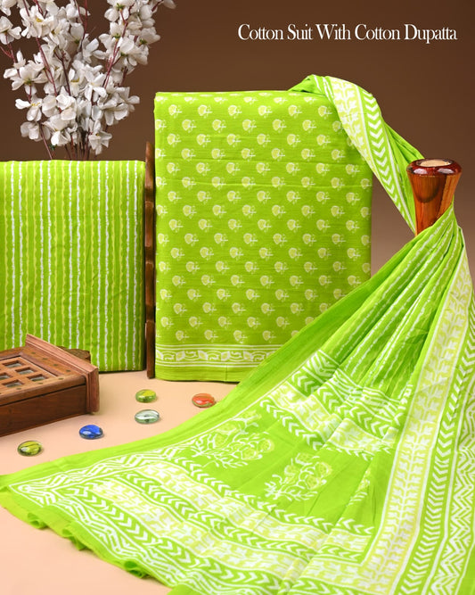 Pure Soft Cotton Hand Block Printed Suit Set With Cotton Dupatta