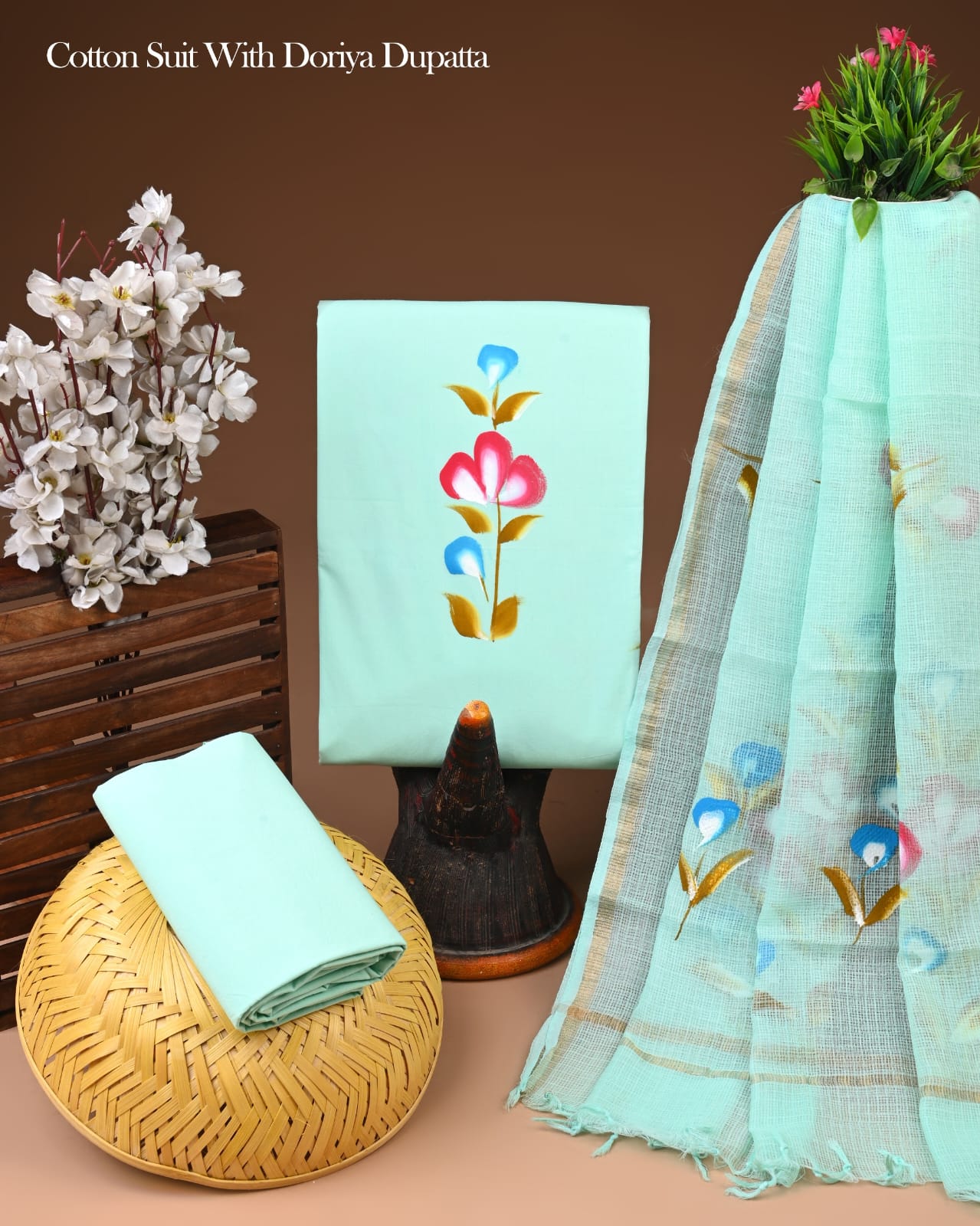 Pure Cotton Hand Block Printed Suit Set With Kota Doria Dupatta
