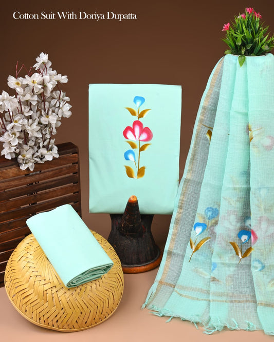 Pure Cotton Hand Block Printed Suit Set With Kota Doria Dupatta