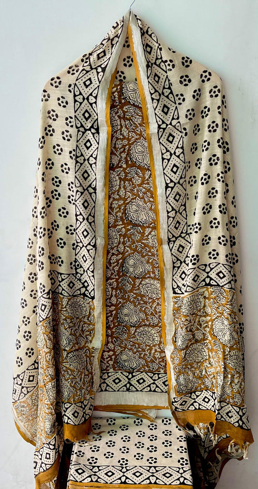 Premium Cotton Linen Hand Block Printed Cotton Linen Suit Set