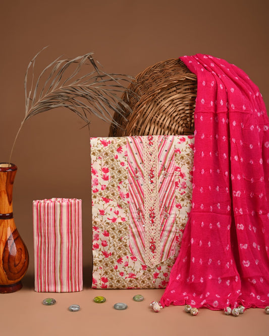 Premium Gota Patti Work Cotton Suit Set With Chiffon Dupatta