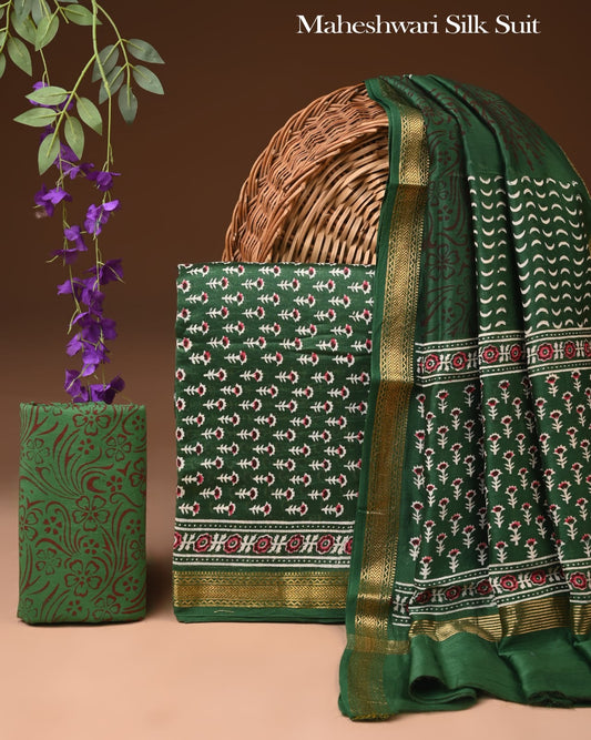 Premium Designer Handblock Printed Maheshwari Silk Suit Set
