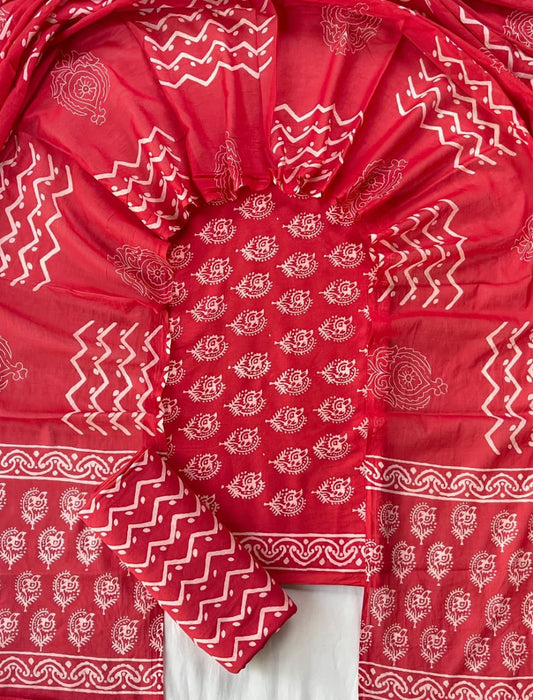 Pure Soft Cotton Hand Block Printed Suit Set With Cotton Dupatta