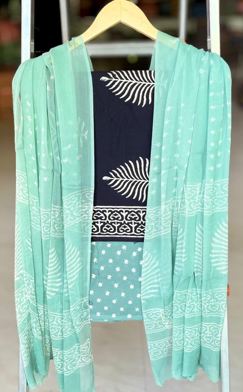 Pure Cotton Hand Block Printed Suit Set With Chiffon Dupatta