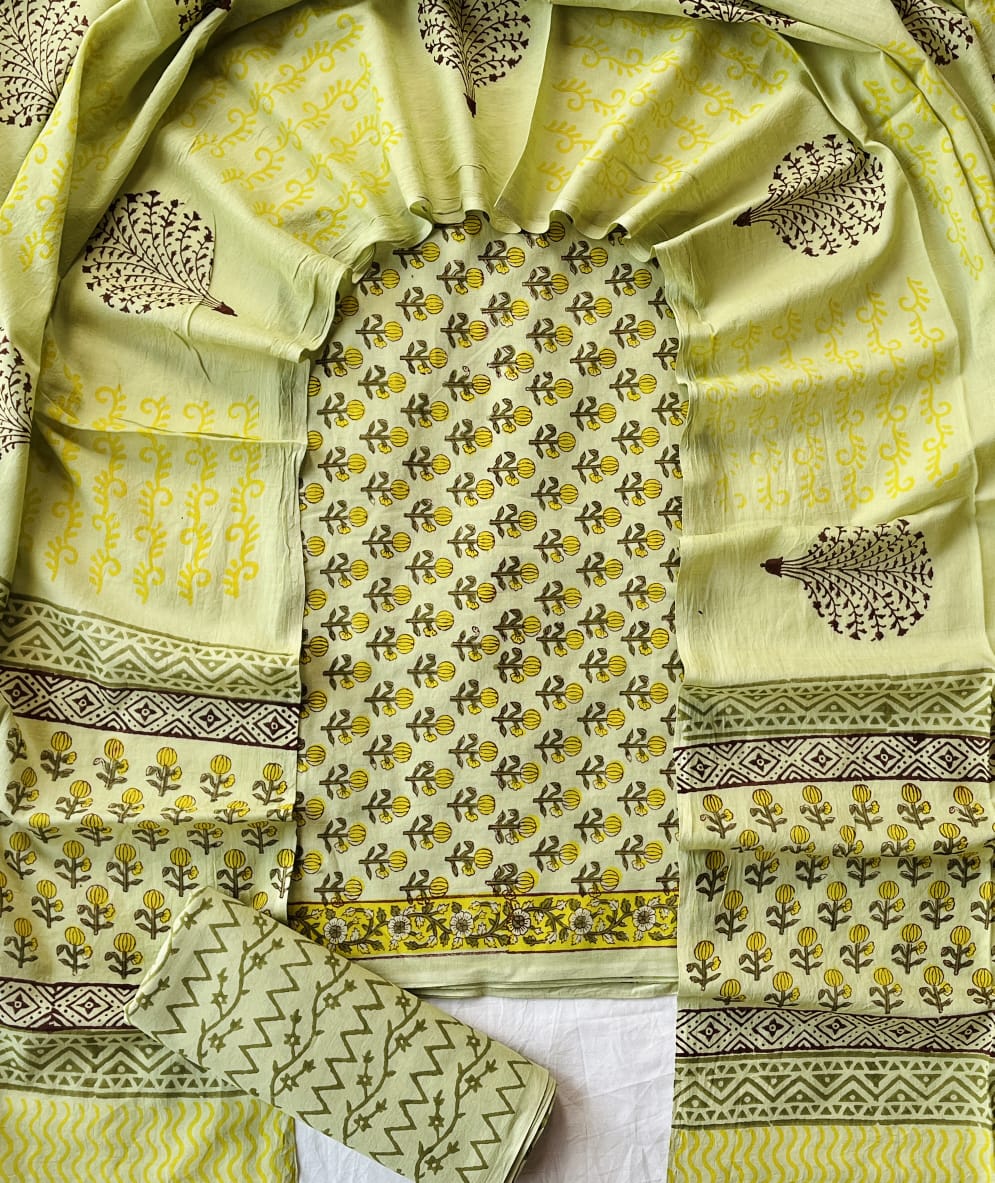 Pure Soft Cotton Hand Block Printed Suit Set With Cotton Dupatta