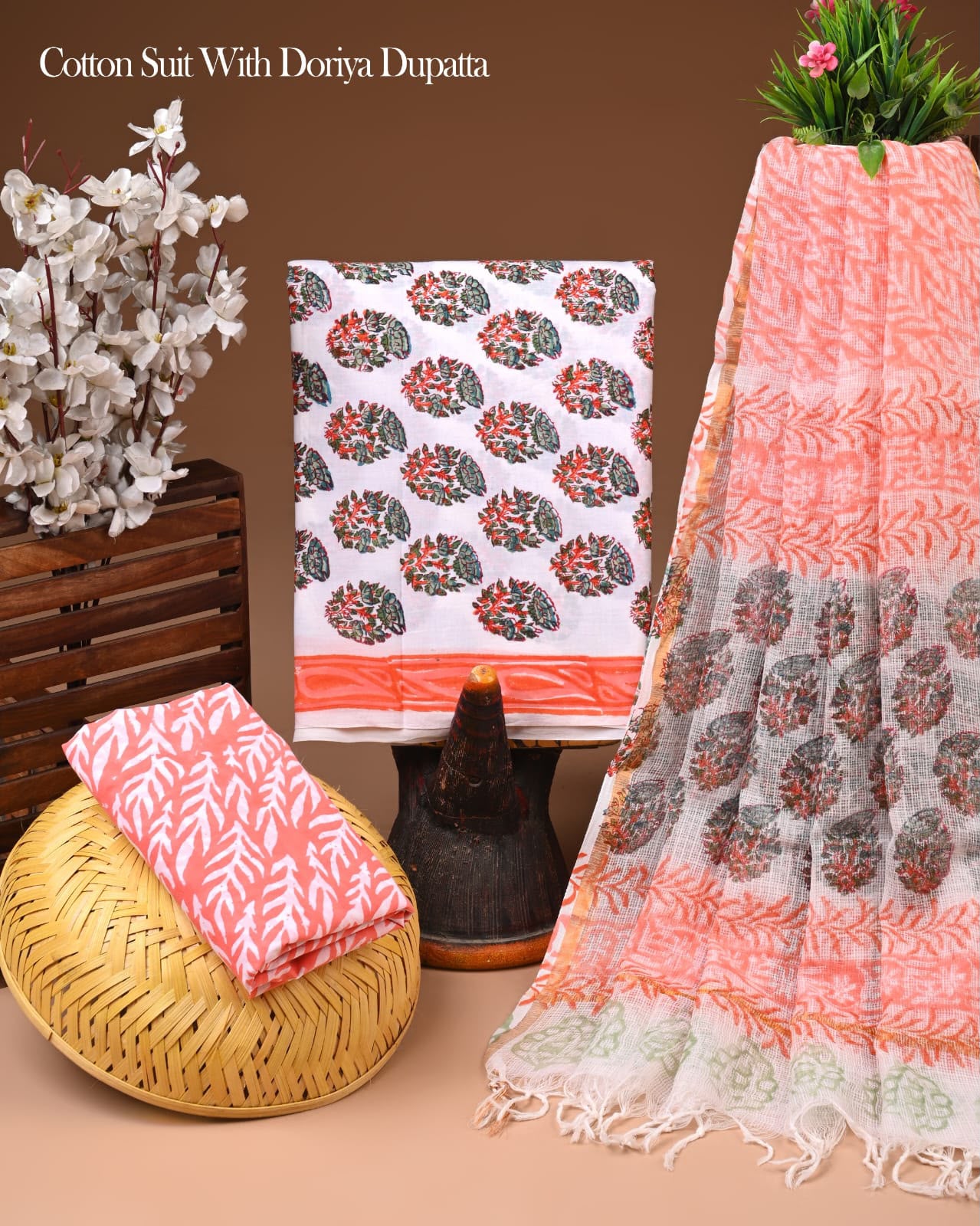 Pure Cotton Hand Block Printed Suit Set With Kota Doria Dupatta