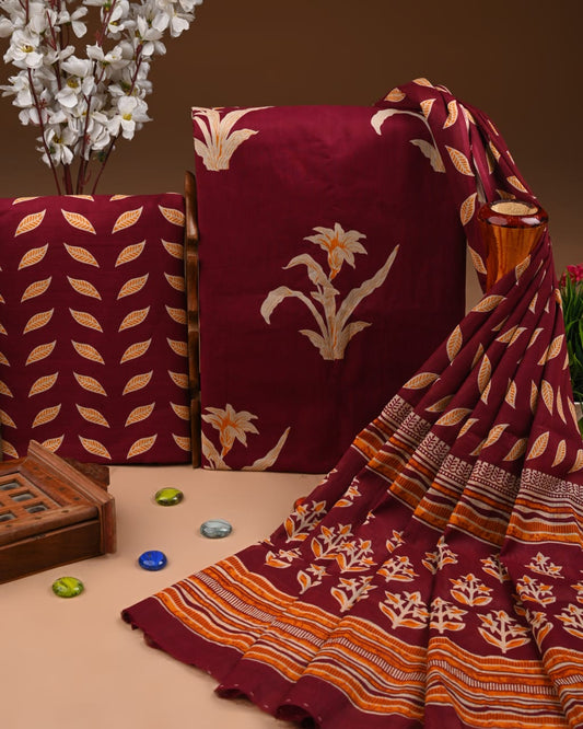 Designer Hand Block Printed Cotton Suit Set With Cotton Dupatta
