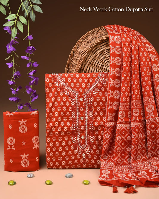 Premium Gota Patti Work Cotton Suit Set With Chiffon Dupatta