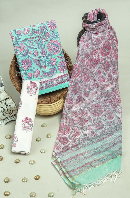 Pure Cotton Hand Block Printed Suit Set With Kota Doria Dupatta