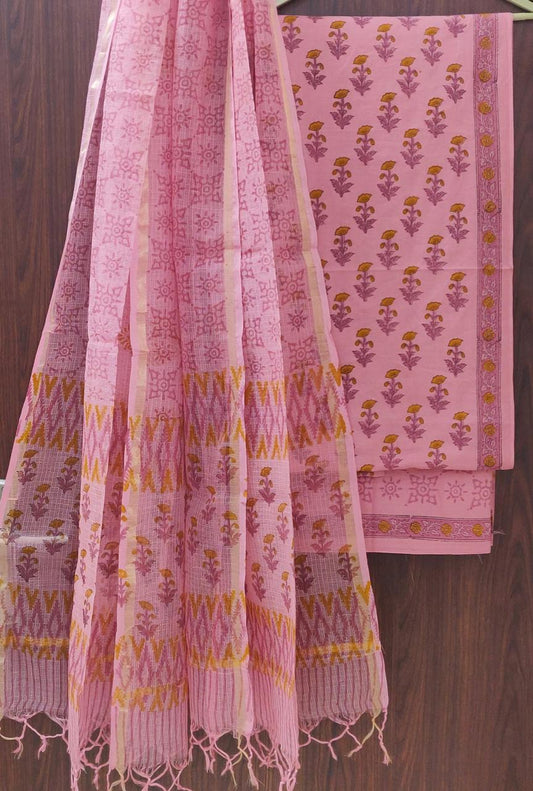 Pure Cotton Hand Block Printed Suit Set With Kota Doria Dupatta