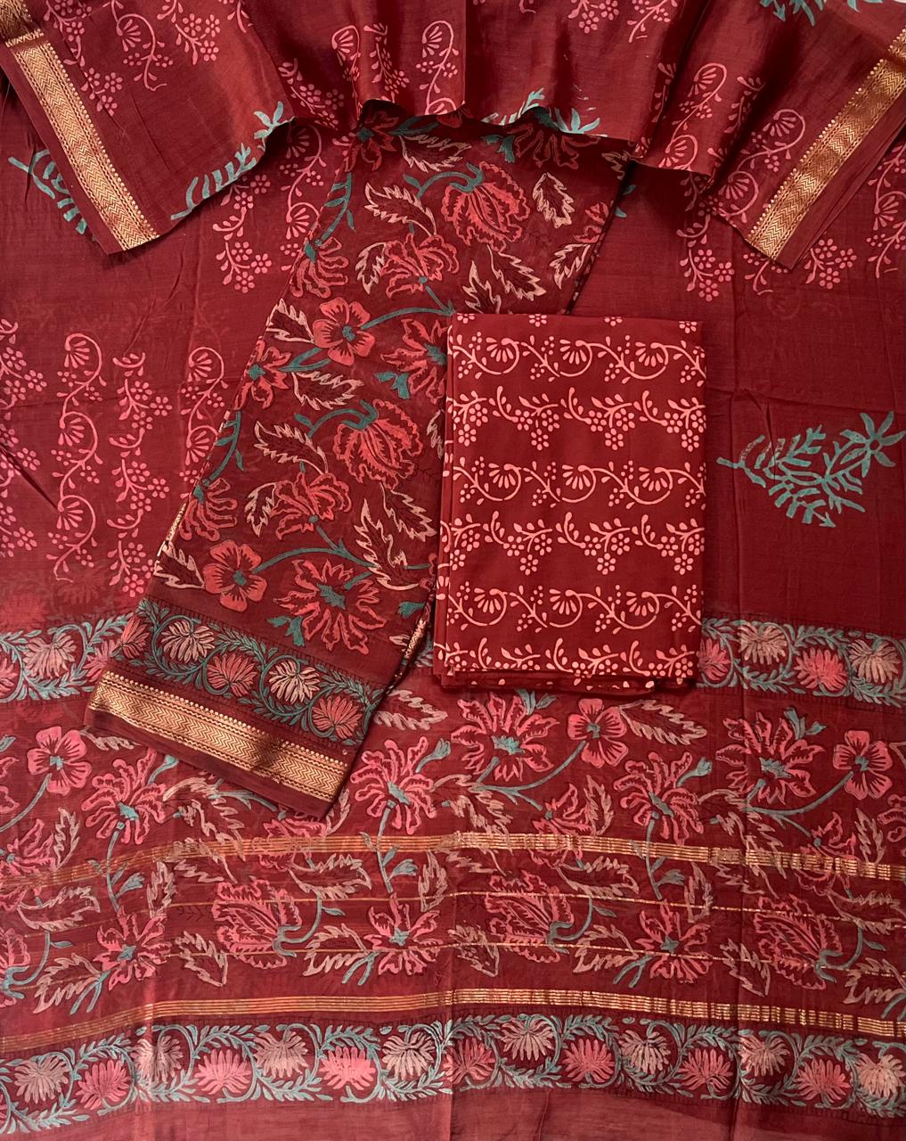 Premium Designer Handblock Printed Maheshwari Silk Suit Set