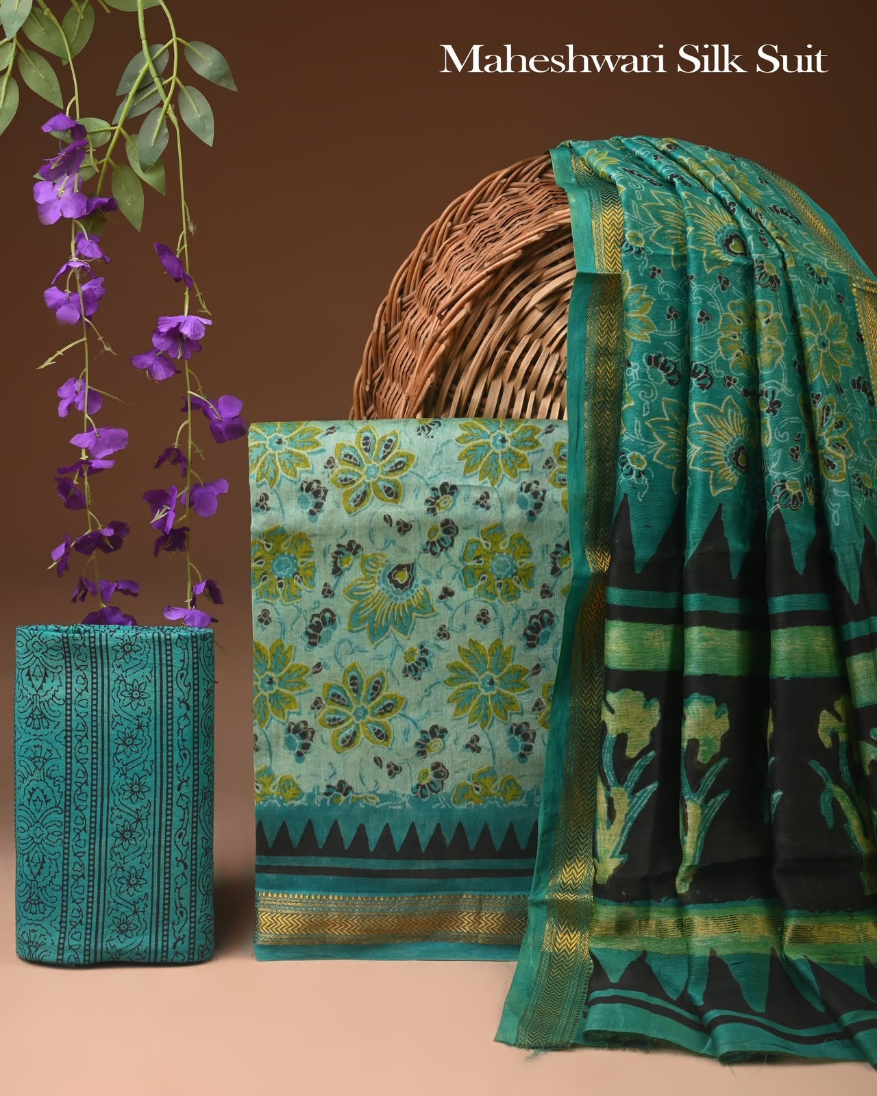 Premium Designer Handblock Printed Maheshwari Silk Suit Set